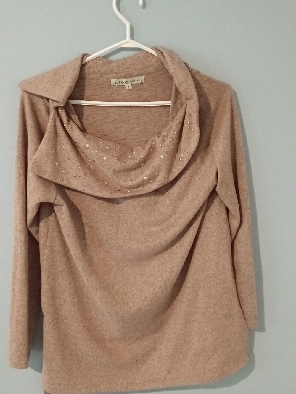 cleo Taupe Cowl Neck Top with Rhinestones